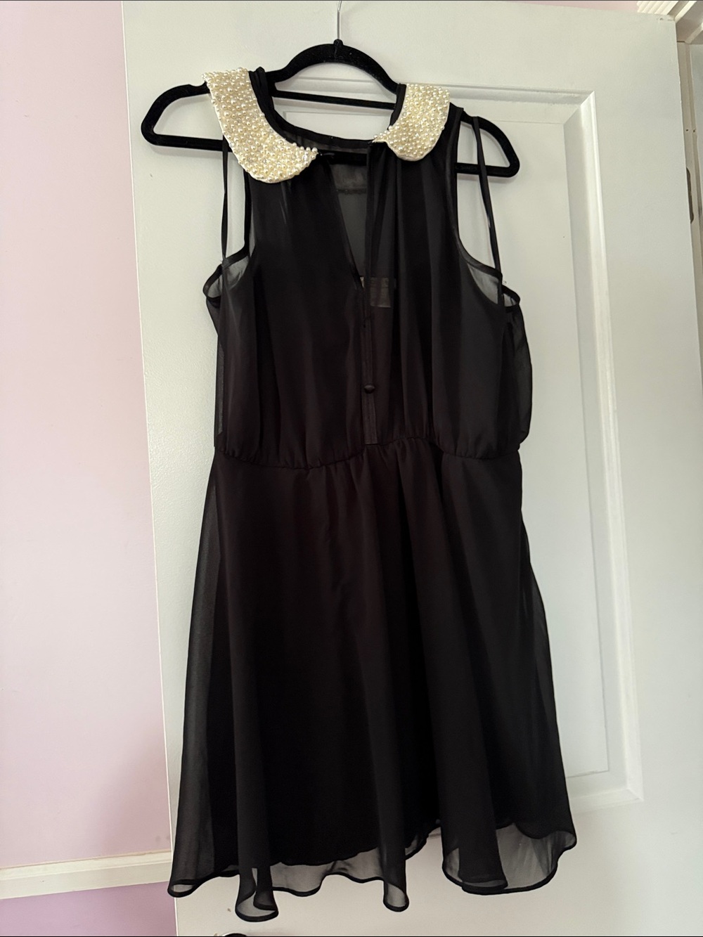 Arden B Black Chiffon Sleeveless Dress with Beaded Cream Collar